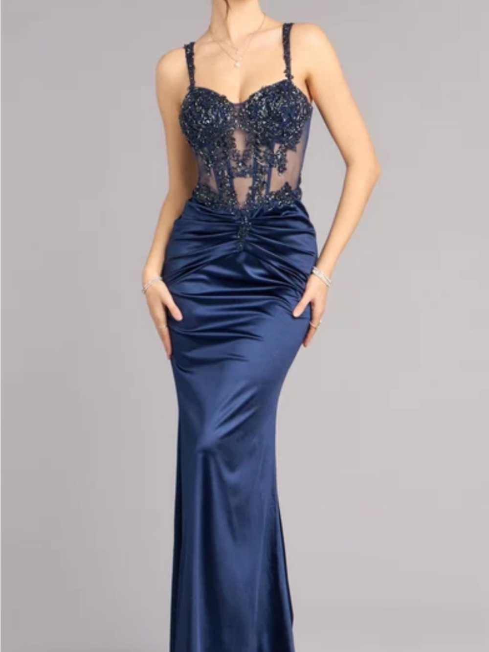 Windsor Navy Beaded Mesh Evening Gown